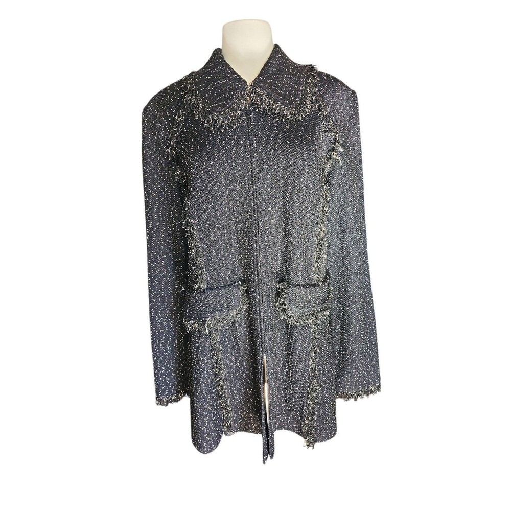 St. John Collection Boucle Tweed Zip-Up Suit Jacket Womens 16 Black Fringe Work